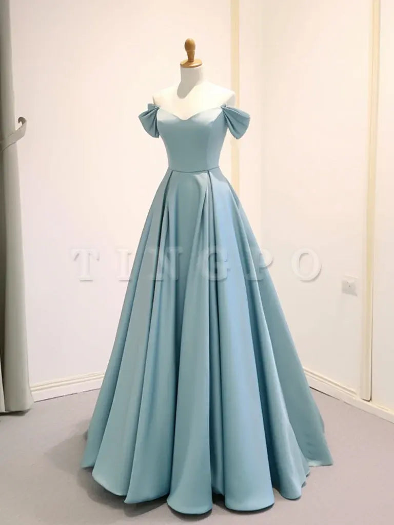 Wholesale A-Line Off Shoulder Satin Blue Long Prom Dress Blue Long Formal Dress gowns evening dresses